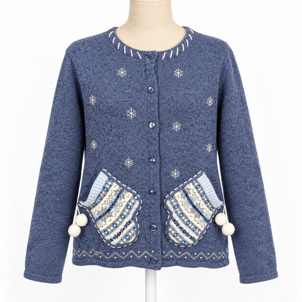 Vintage 90s Mitten Cardigan Size L Blue Winter Novelty Holiday Ugly Christmas